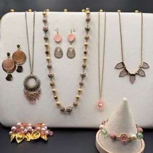 Pink & Gold Tone Jewelry Lot, Vintage -Now Costume Necklaces Earrings Bracelet